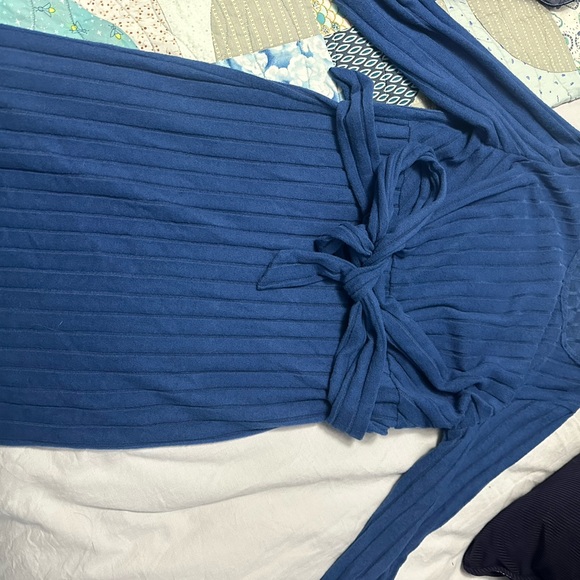 Ribbed Tie-Waist Blue Knit Dress - Picture 2 of 2